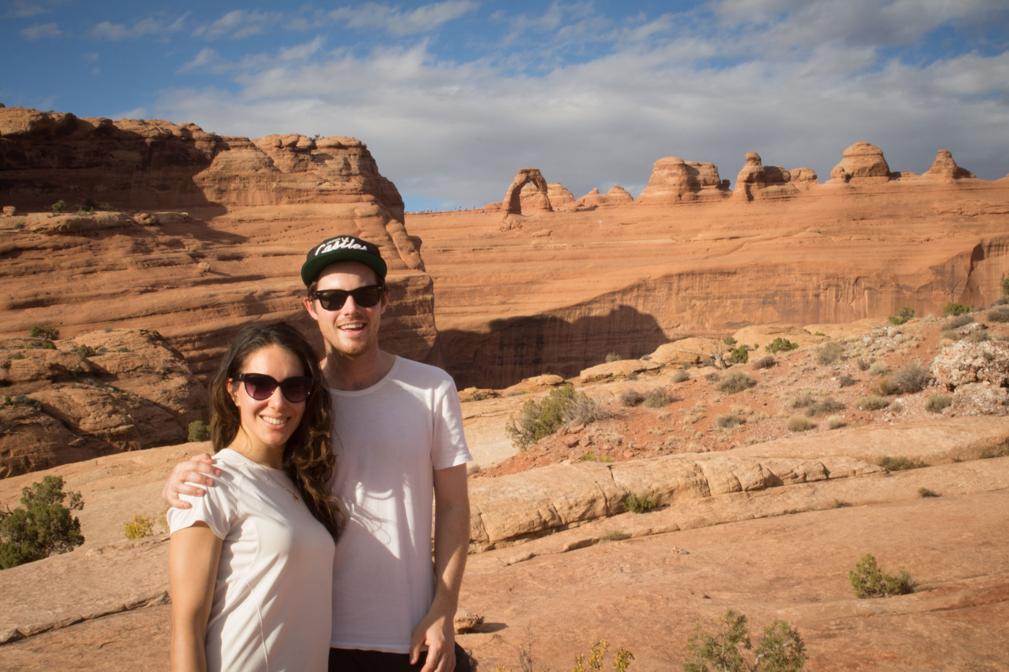 Cal and Amy looking over at Delicate Arch, Arches National Park